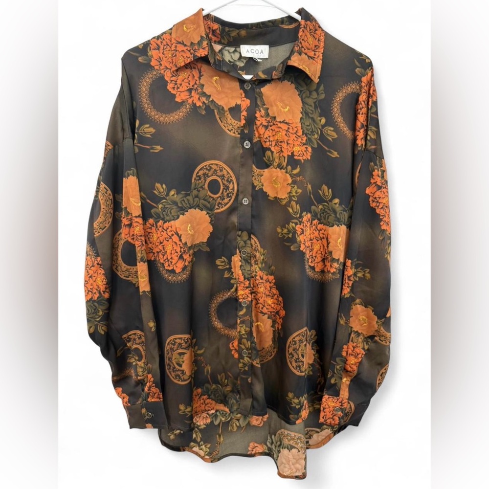 Women's ACOA Moody Floral Silky Button Down Blouse Small Earth Tone Boho